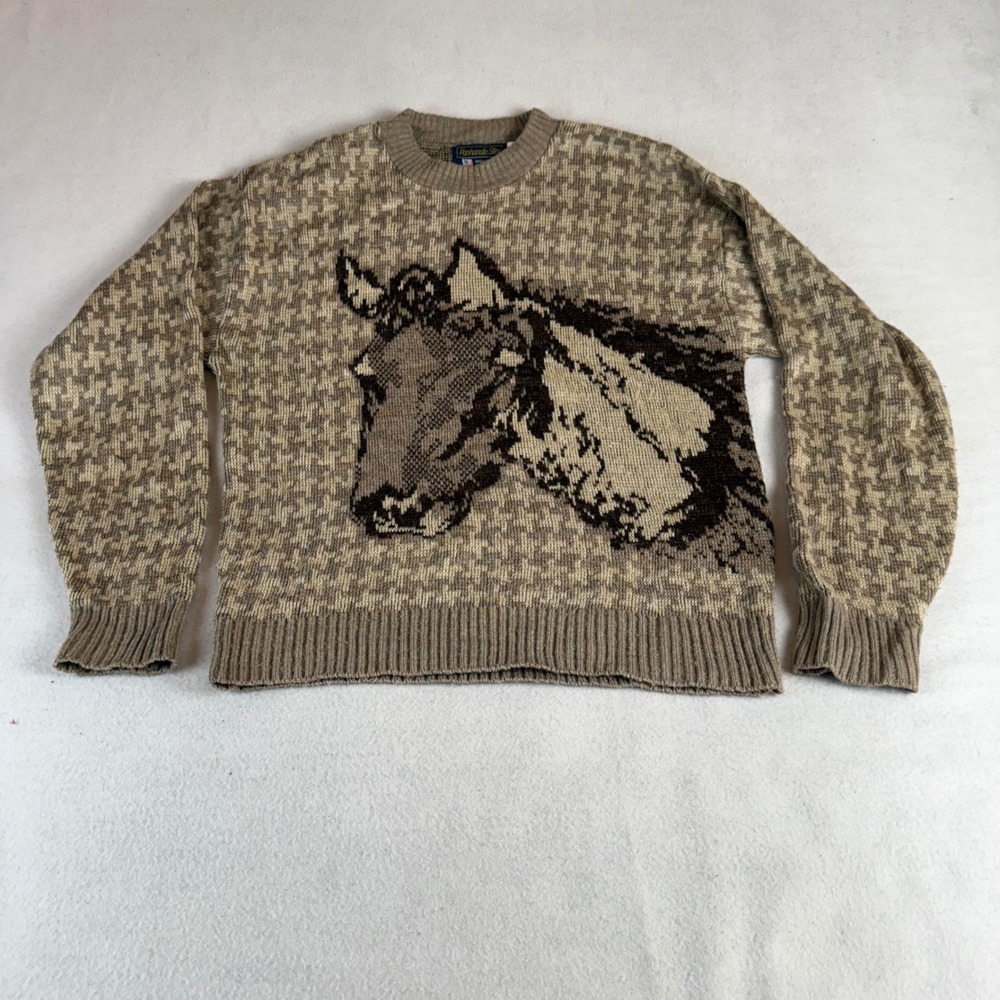 Panhandle Slim Men's Vintage Horse Graphic Houndstooth Knit Sweater Brown Tan M